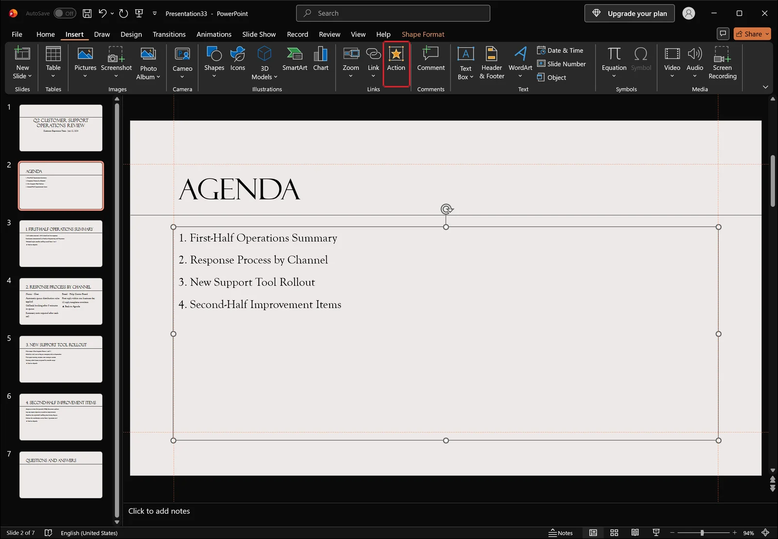 PowerPoint Insert tab with a red box on the Action command in the Links group