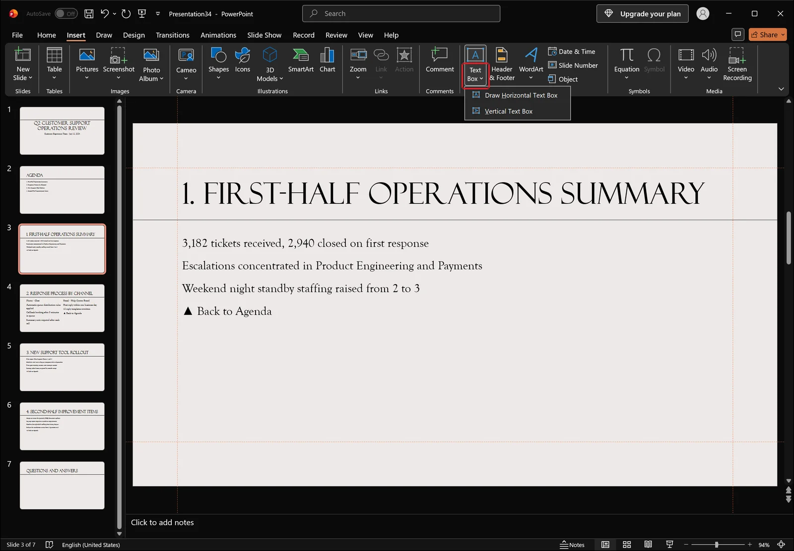 PowerPoint Insert tab with the Text Box dropdown open and a red box on the Text Box control