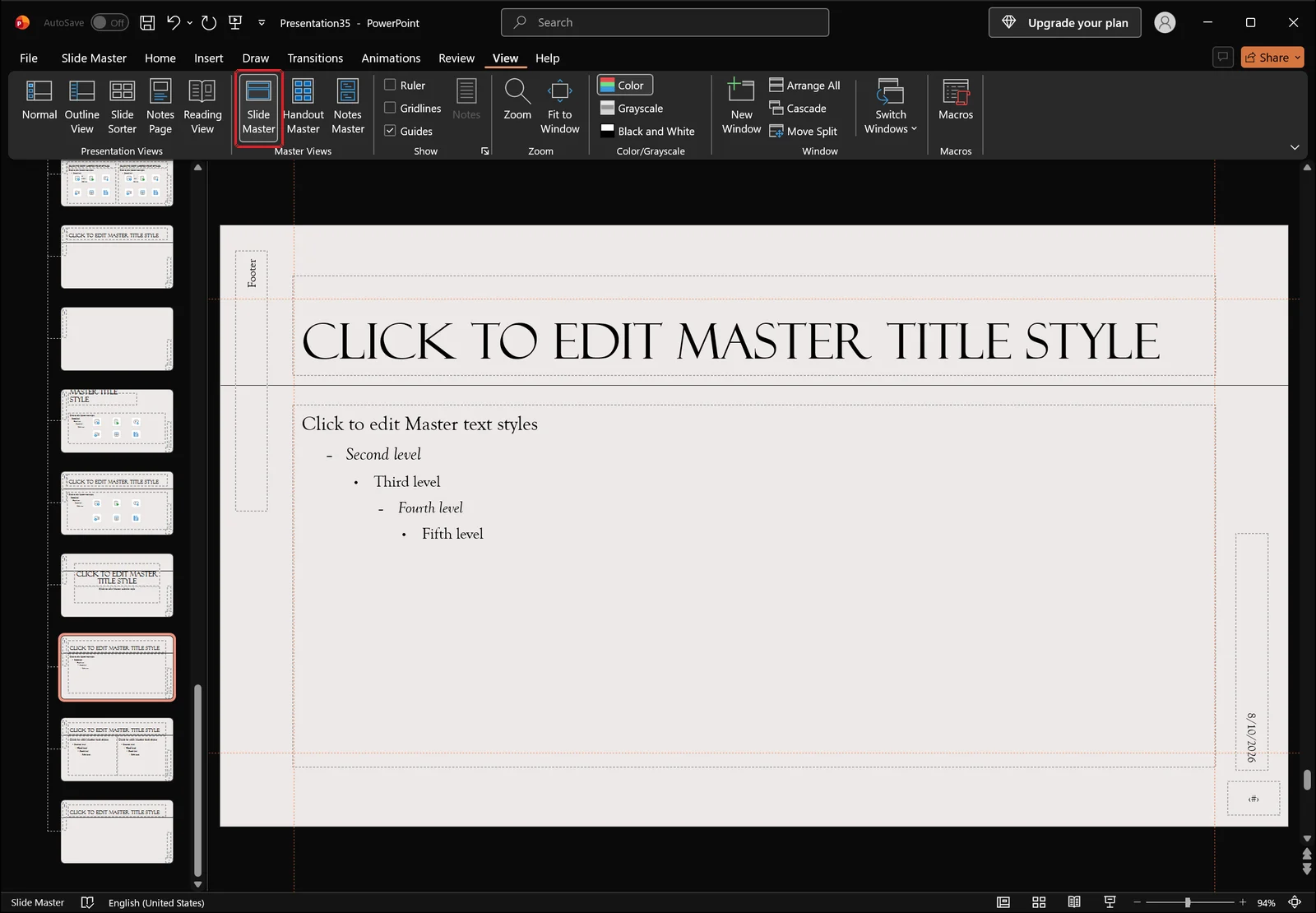 PowerPoint in Slide Master view with master and layout thumbnails on the left and a red box on the Slide Master button