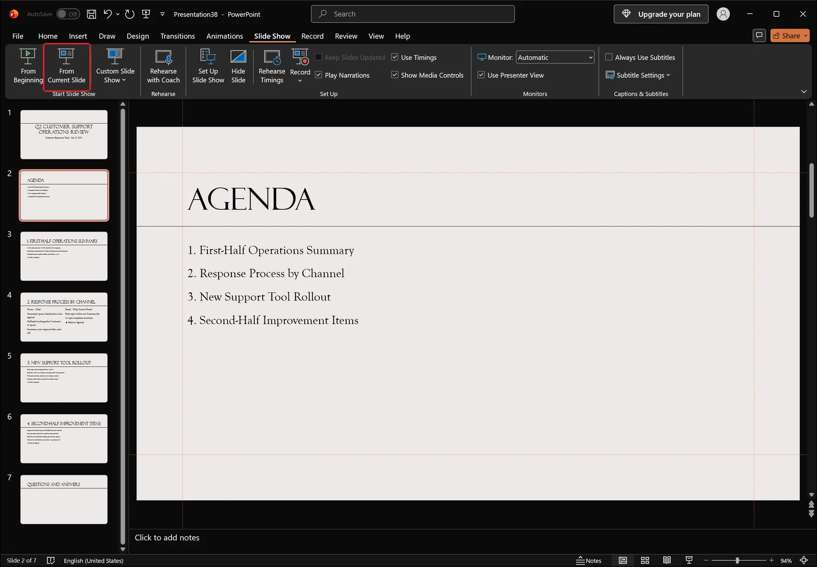 PowerPoint Slide Show tab with a red box on the From Current Slide command