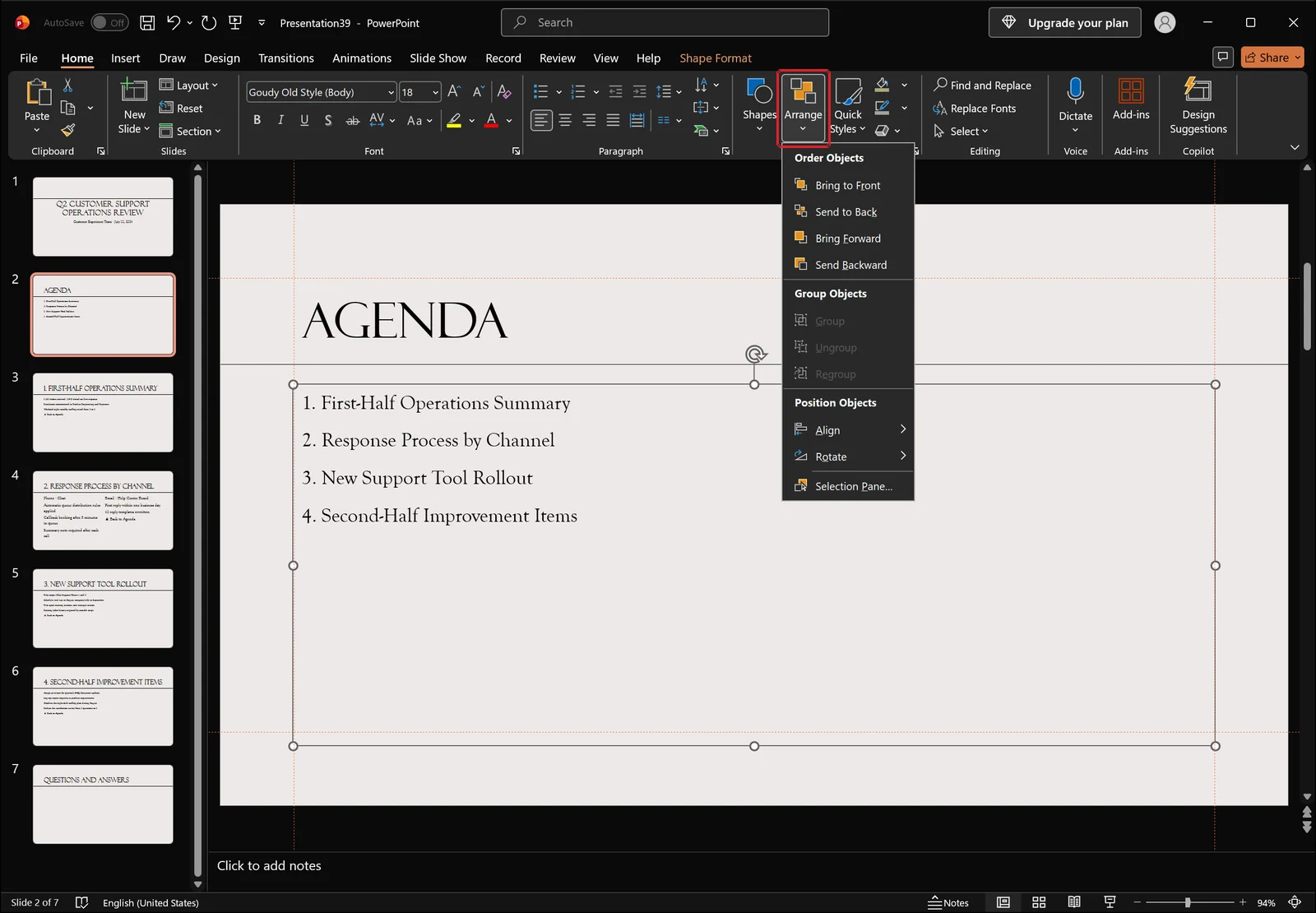 PowerPoint Home tab with the Arrange menu open showing bring-to-front commands, red box on the Arrange button