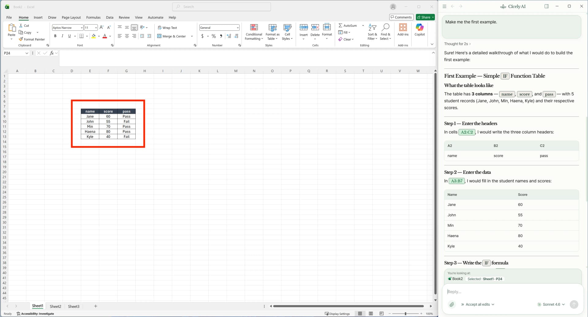 Excel IF function example showing Pass or Fail results based on student scores