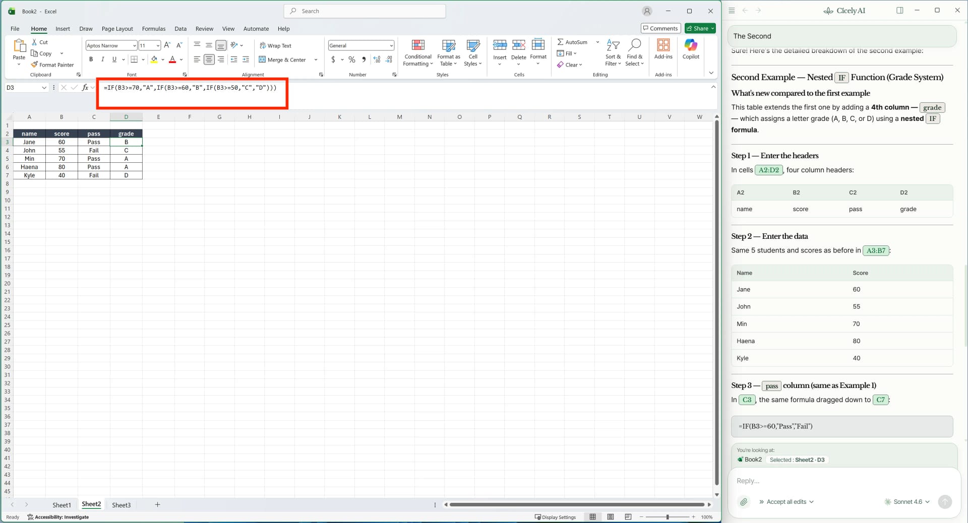 Nested IF formula in Excel assigning letter grades A through D based on score ranges