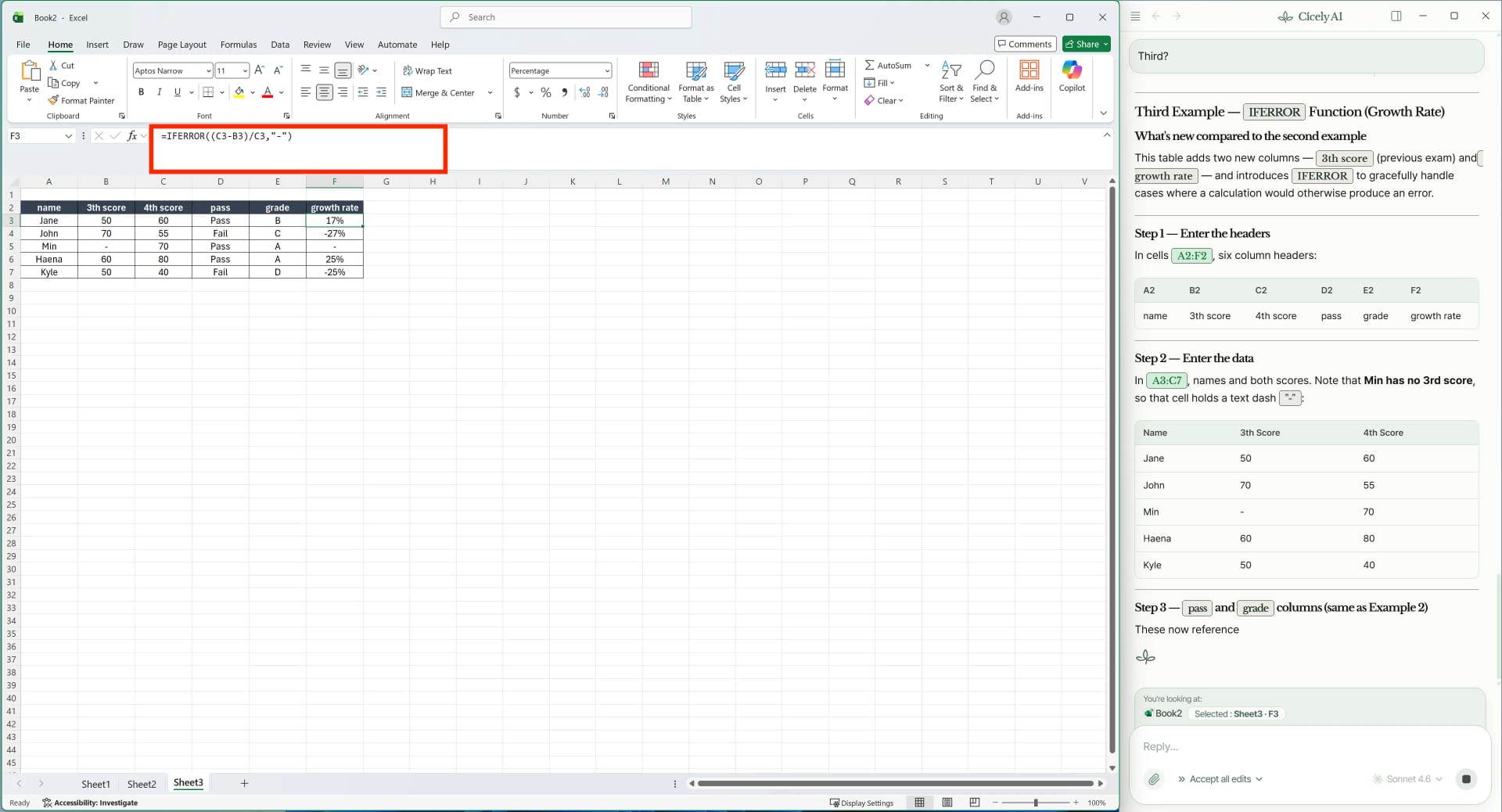 IFERROR function in Excel replacing division errors with a dash for clean output