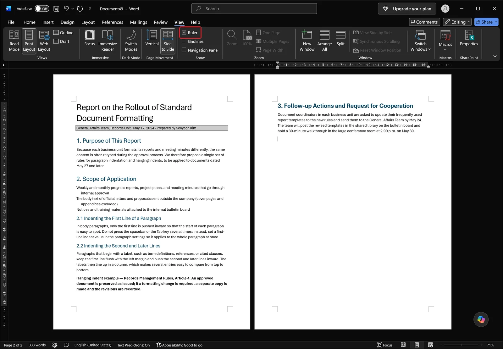 Word View tab with the Ruler checkbox enabled and the horizontal ruler shown above the document