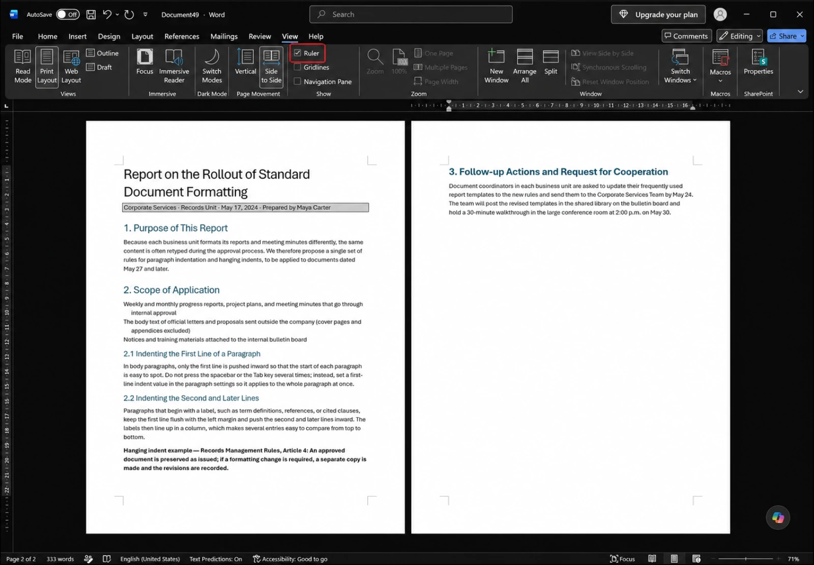 Word View tab with the Ruler checkbox enabled and the horizontal ruler shown above the document