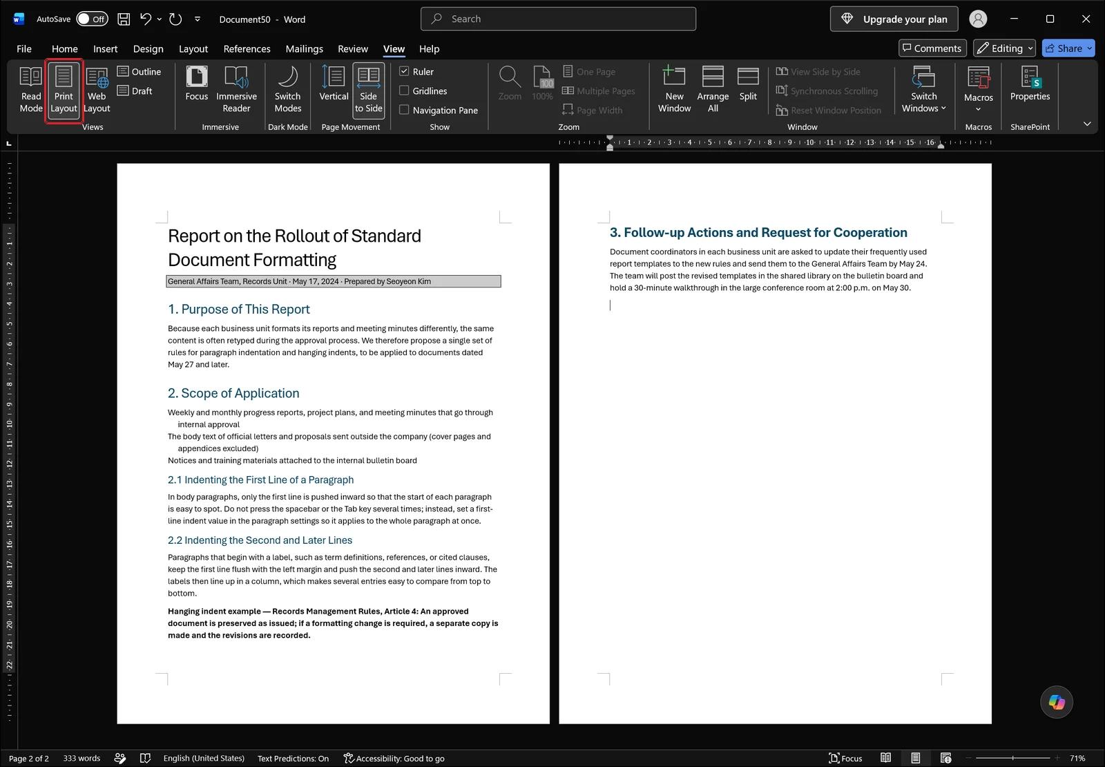 Word window in Print Layout view with page margins and the ruler visible, Print Layout highlighted on the View tab