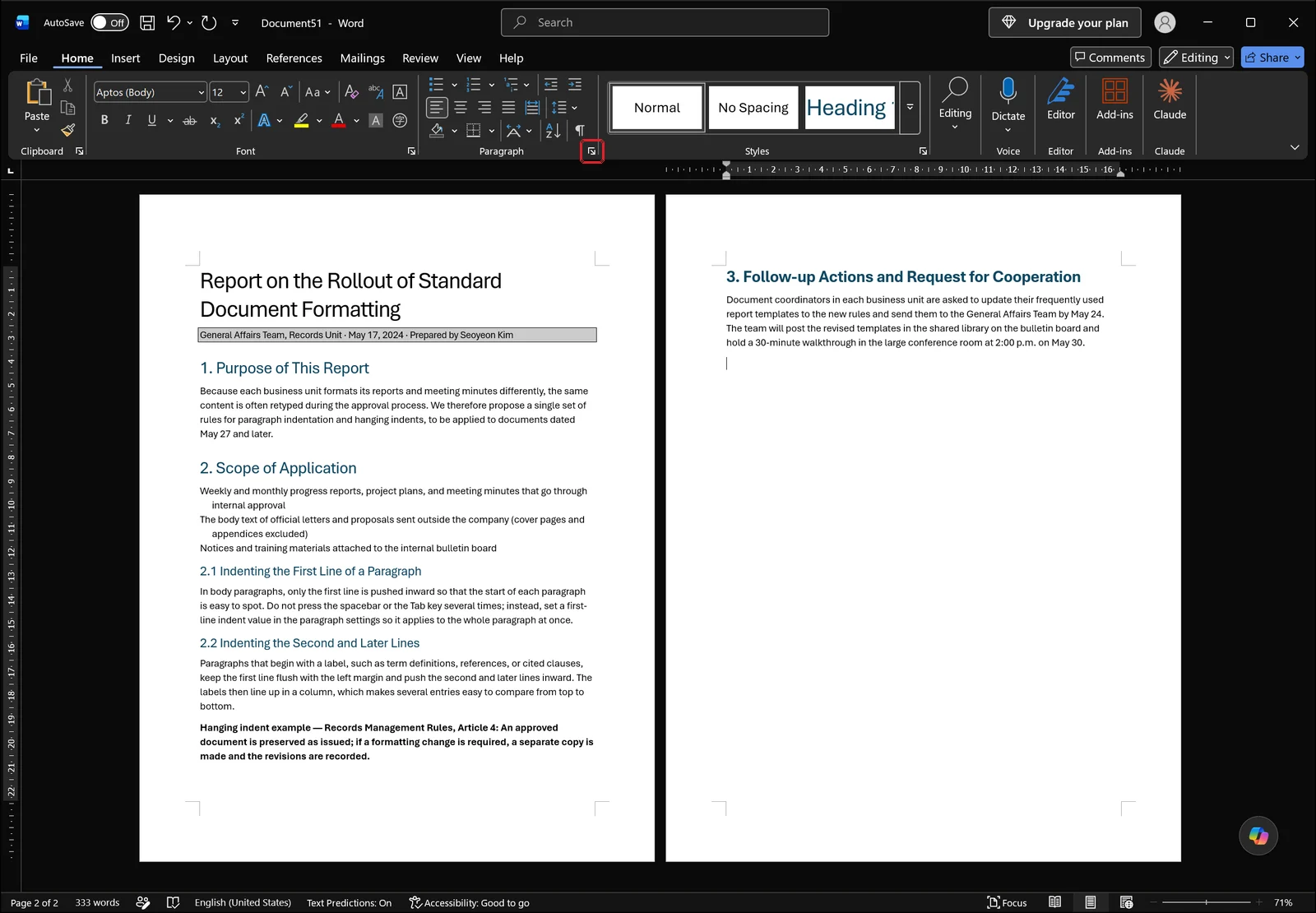 Word Home tab with a red box on the Paragraph group dialog launcher arrow