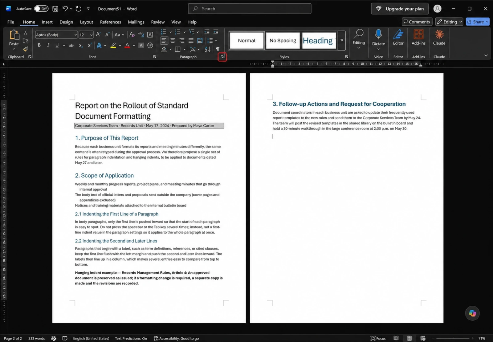 Word Home tab with a red box on the Paragraph group dialog launcher arrow