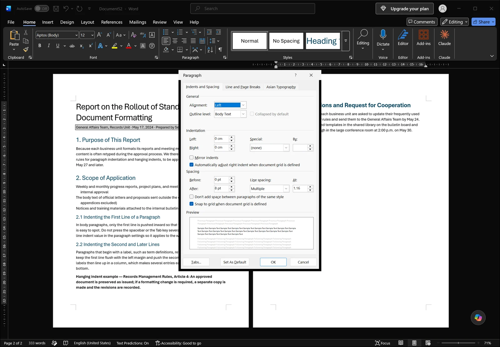 Word Paragraph dialog open on the Indents and Spacing tab showing left/right indentation, the Special first line / hanging dropdown and the By value box