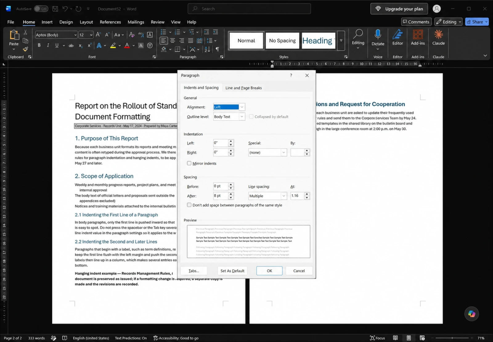 Word Paragraph dialog open on the Indents and Spacing tab showing left/right indentation, the Special first line / hanging dropdown and the By value box