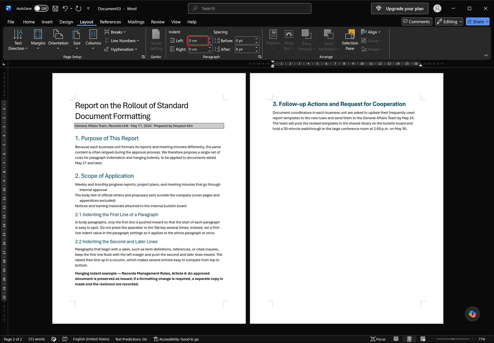 Word Layout tab Paragraph group with a red box on the left indent numeric spin box