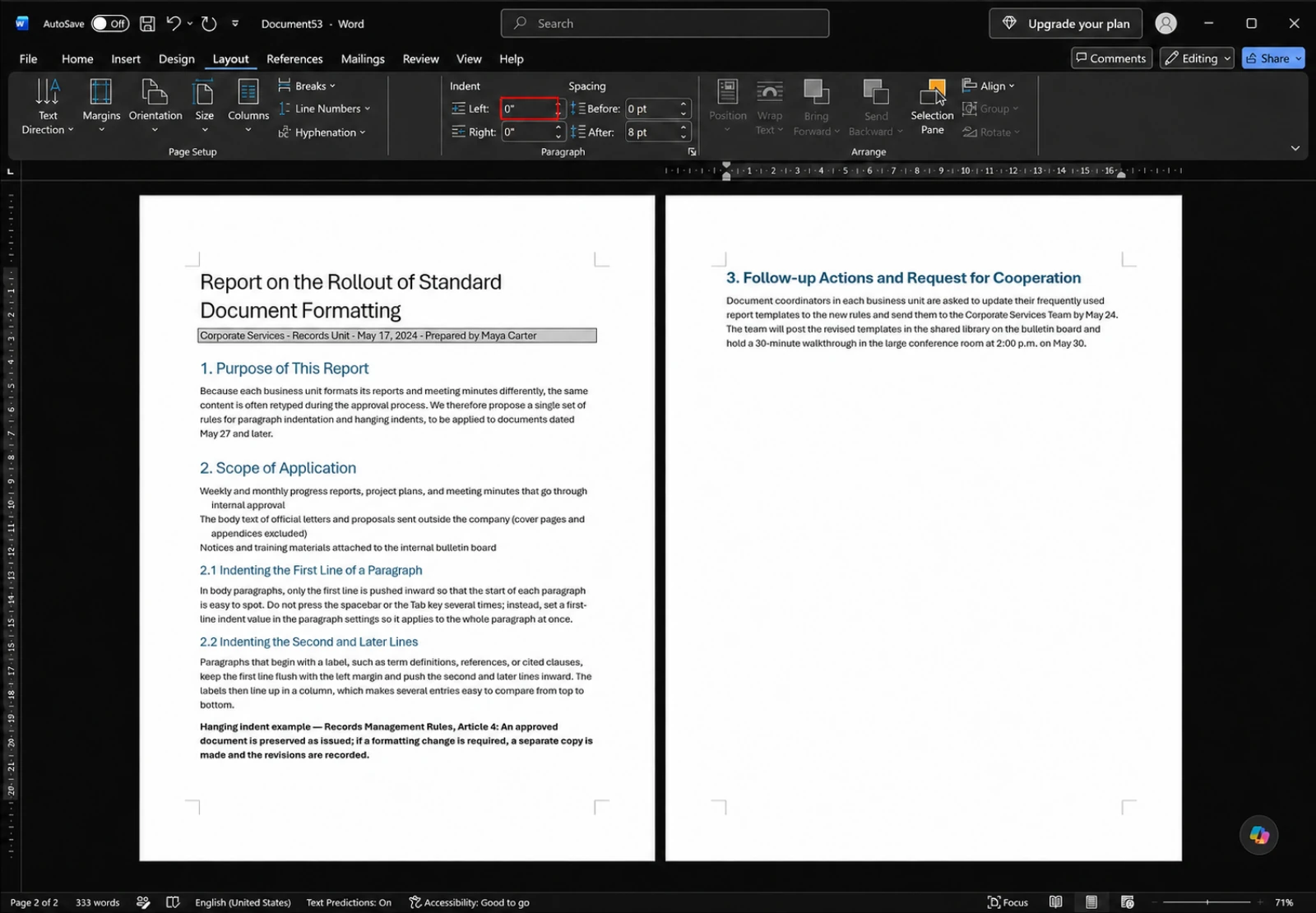 Word Layout tab Paragraph group with a red box on the left indent numeric spin box