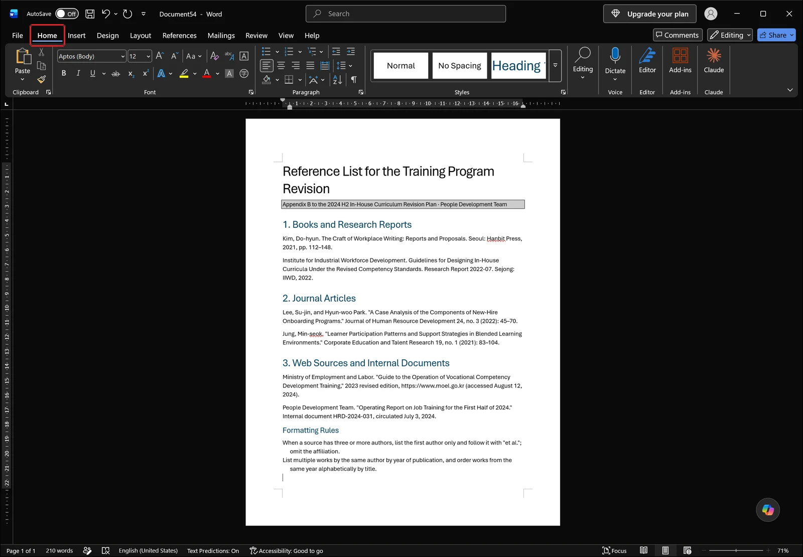 Word document with a shaded subtitle line reading Appendix B to the 2024 H2 In-House Curriculum Revision Plan, a numbered reference list whose wrapped lines sit flush at the left margin, and a Formatting Rules section whose wrapped lines are already hanging-indented