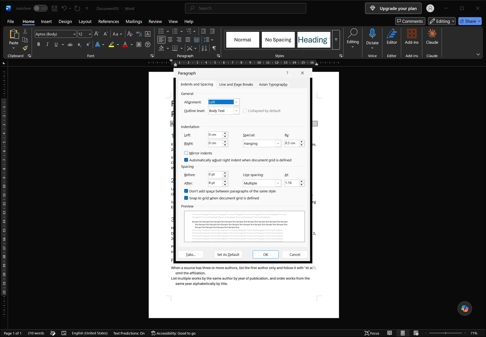 Word Paragraph dialog on the Indents and Spacing tab covering most of the page, with Left and Right set to 0 cm, Special set to Hanging and the By box reading 0.5 cm