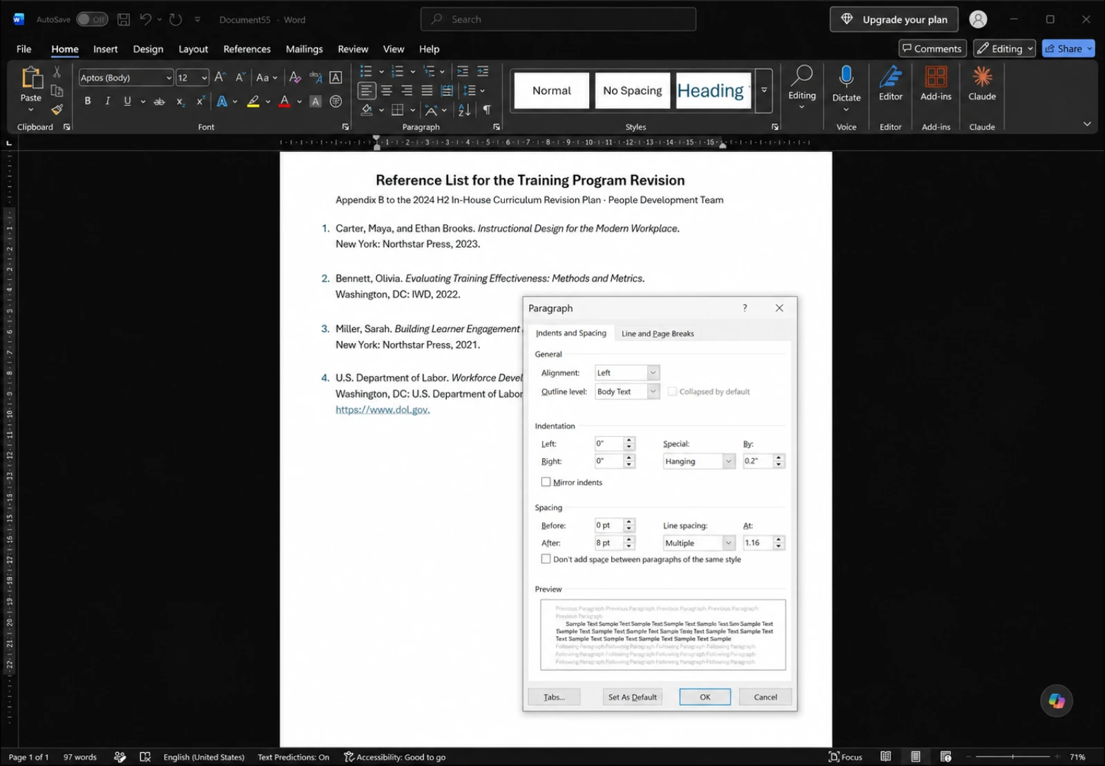 Word Paragraph dialog on the Indents and Spacing tab covering most of the page, with Left and Right set to 0 inches, Special set to Hanging and the By box reading 0.2 inches