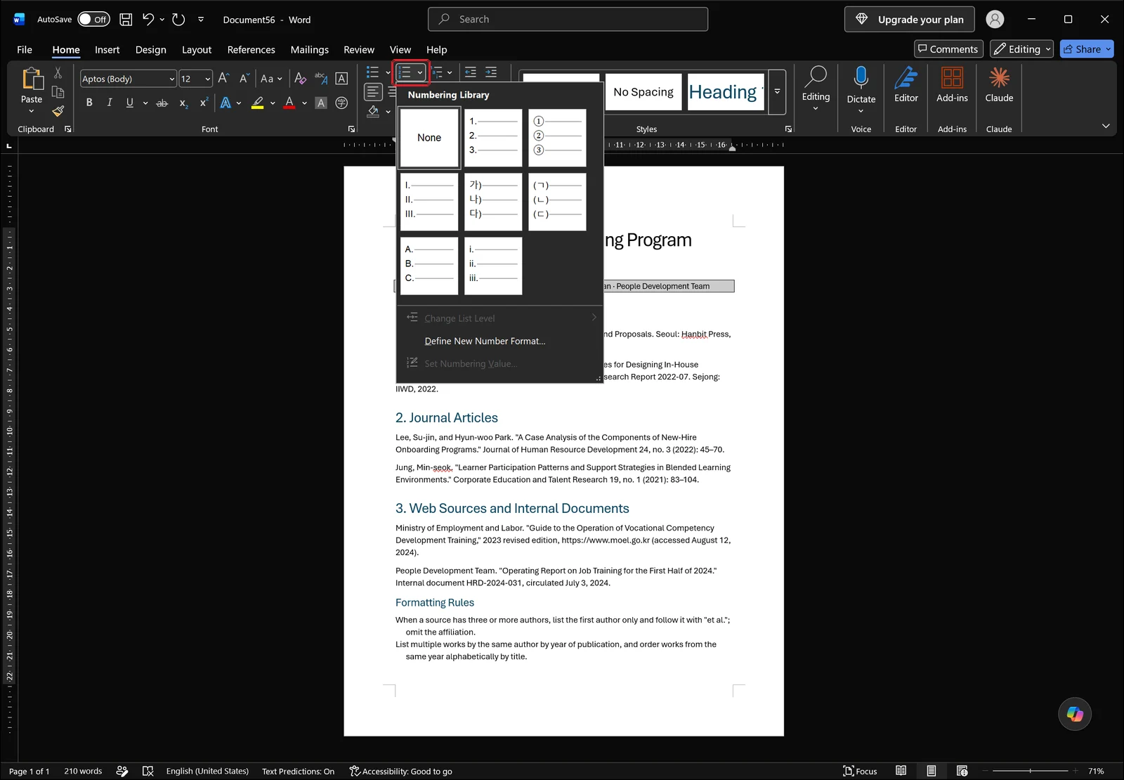 Word Home tab with the Numbering Library panel open over the ribbon showing None, 1. 2. 3., circled ① ② ③, I. II. III., 가) 나) 다), (ㄱ) (ㄴ) (ㄷ), A. B. C. and i. ii. iii. thumbnails, with Change List Level and Set Numbering Value greyed out