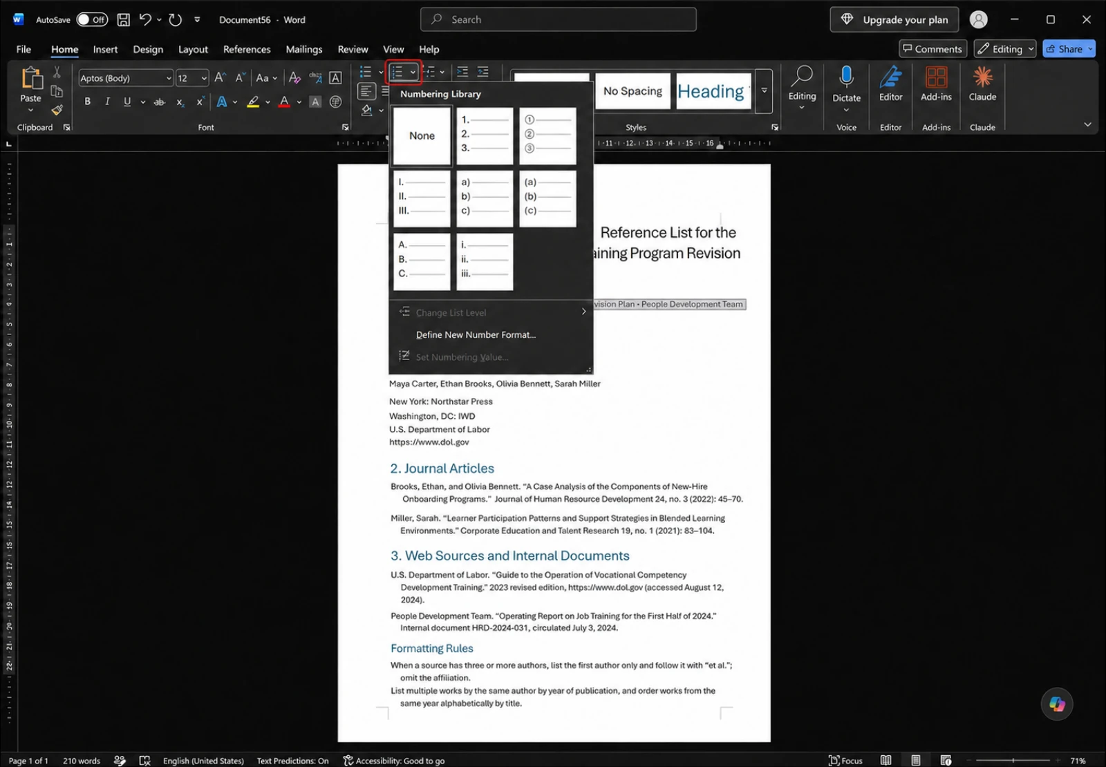 Word Home tab with the Numbering Library panel open over the ribbon showing None, 1. 2. 3., circled ① ② ③, I. II. III., a) b) c), (a) (b) (c), A. B. C. and i. ii. iii. thumbnails, with Change List Level and Set Numbering Value greyed out