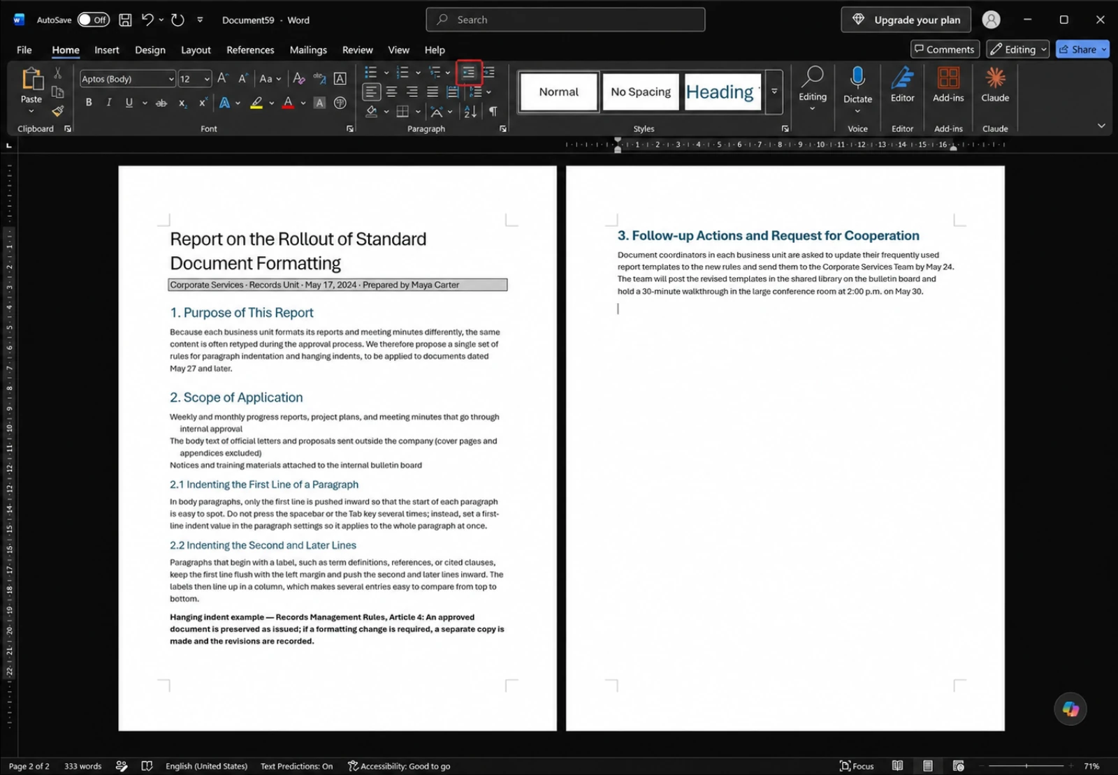 Word Home tab with a red box around the Decrease Indent button in the Paragraph group and Increase Indent immediately to its right