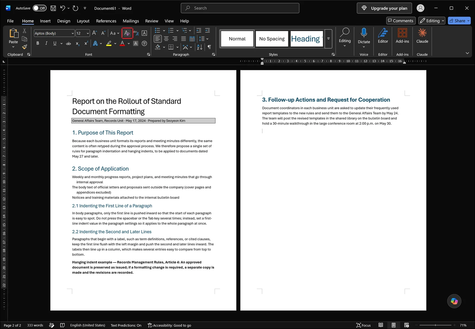 Word Home tab with the Clear All Formatting button outlined in the Font group, the document below still showing hanging indents and bold text and a shaded subtitle line selected