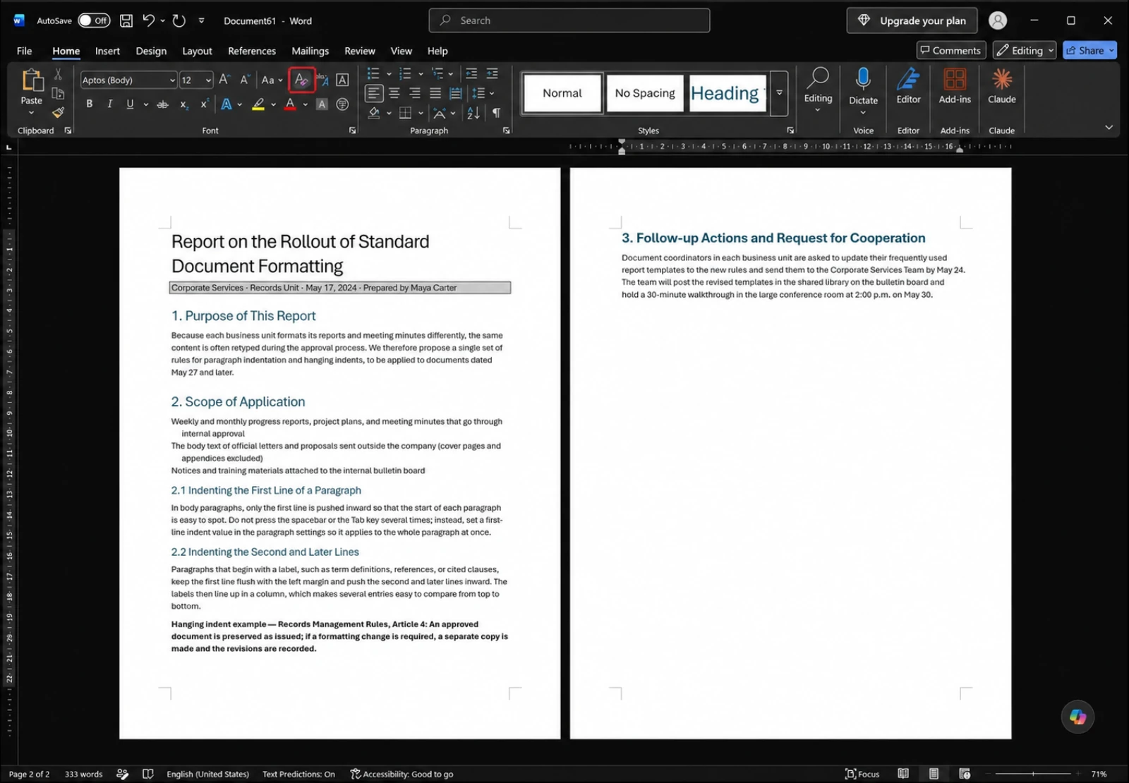 Word Home tab with the Clear All Formatting button outlined in the Font group, the document below still showing hanging indents and bold text and a shaded subtitle line selected
