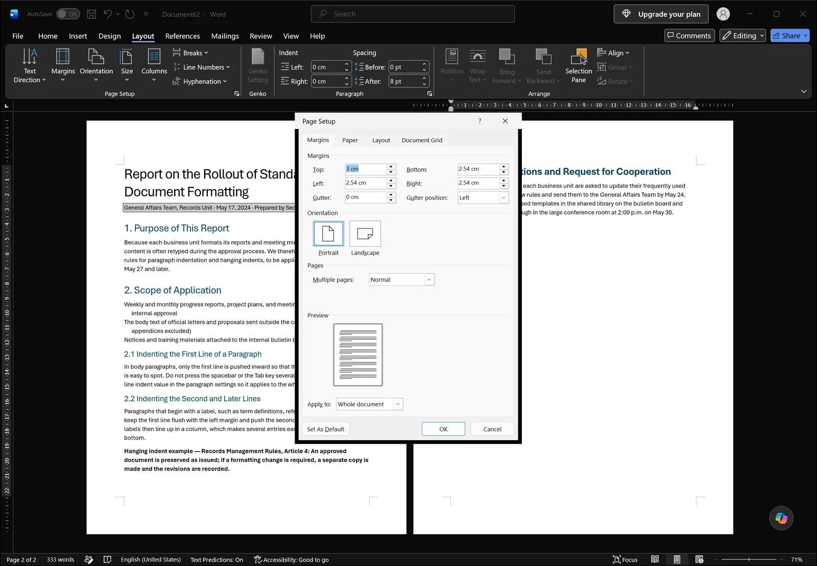 Word Page Setup dialog open showing top, bottom, left and right margin boxes with orientation options