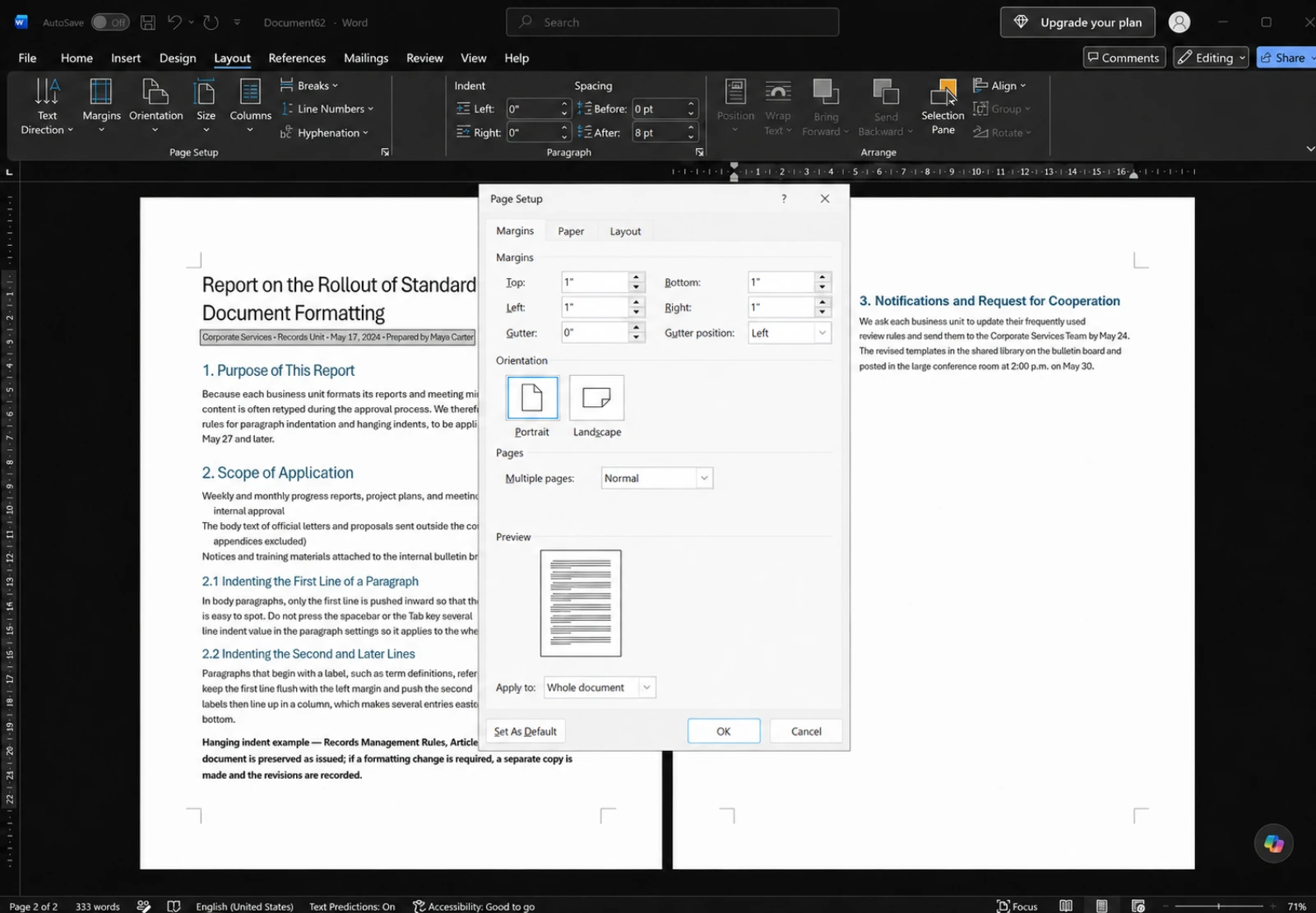 Word Page Setup dialog open showing top, bottom, left and right margin boxes with orientation options