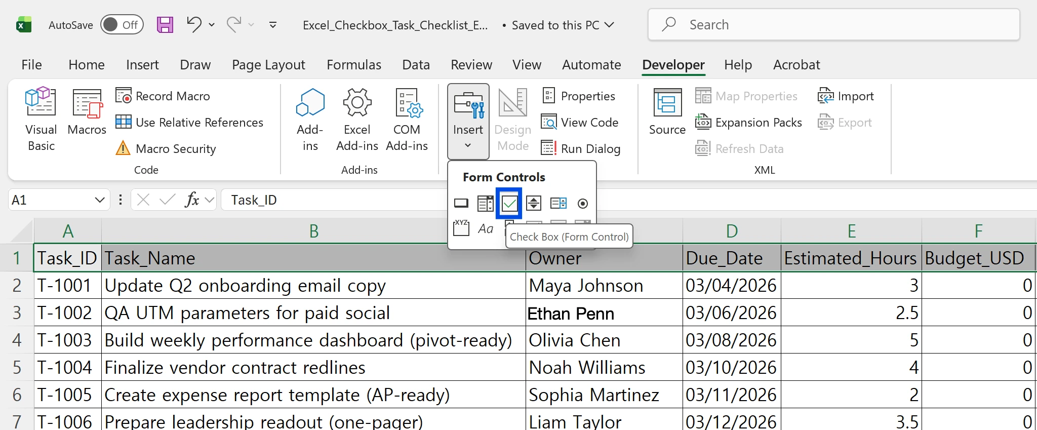 Developer tab Insert menu open on Form Controls, with the Check Box icon highlighted