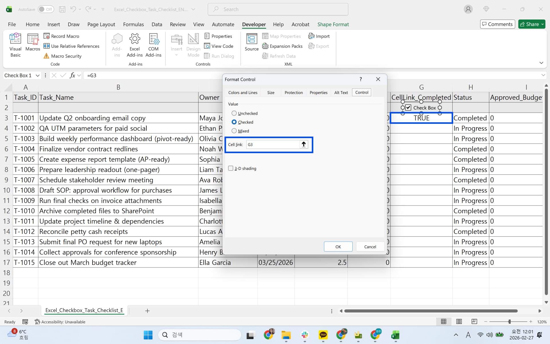 체크박스 셀 연결 설정하기