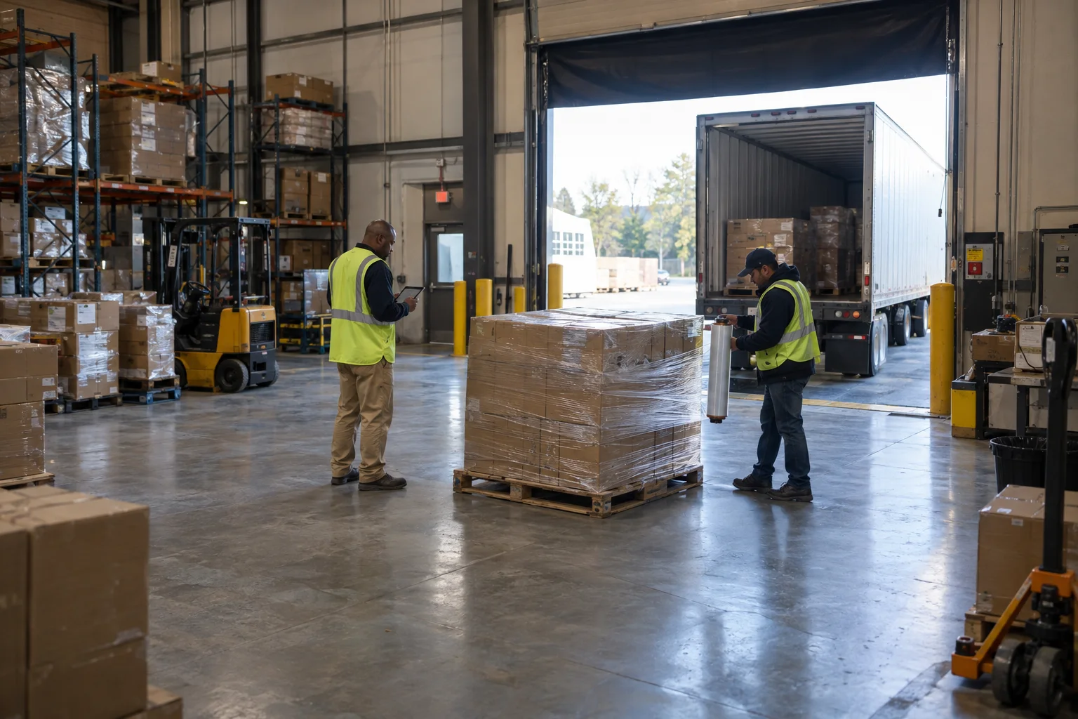 Shipping lead with a tablet checking a stretch-wrapped pallet at the loading dock while a coworker wraps it, a trailer backed into the door behind them