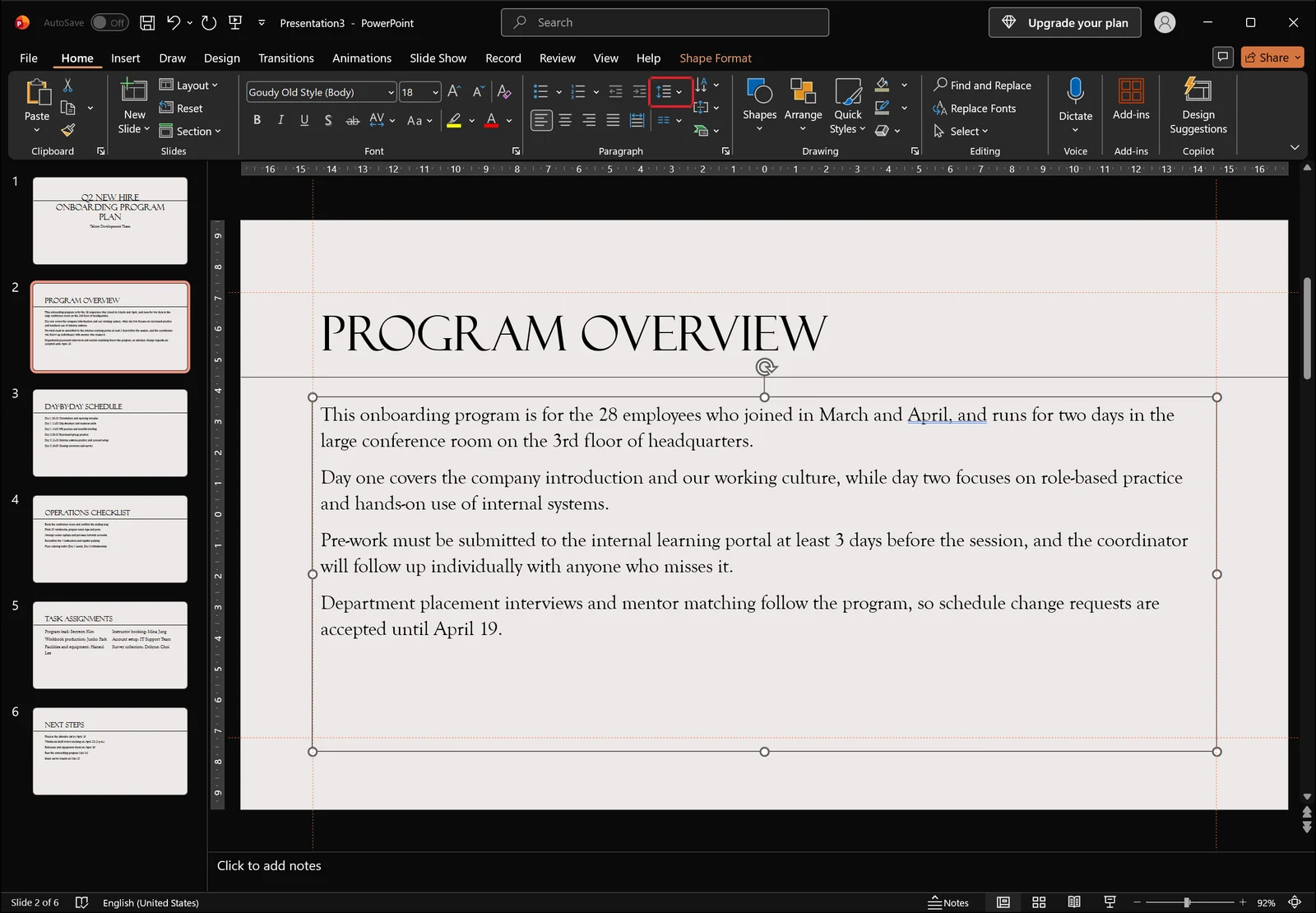 PowerPoint Home tab with a red box on the line spacing button in the Paragraph group and the body placeholder selected