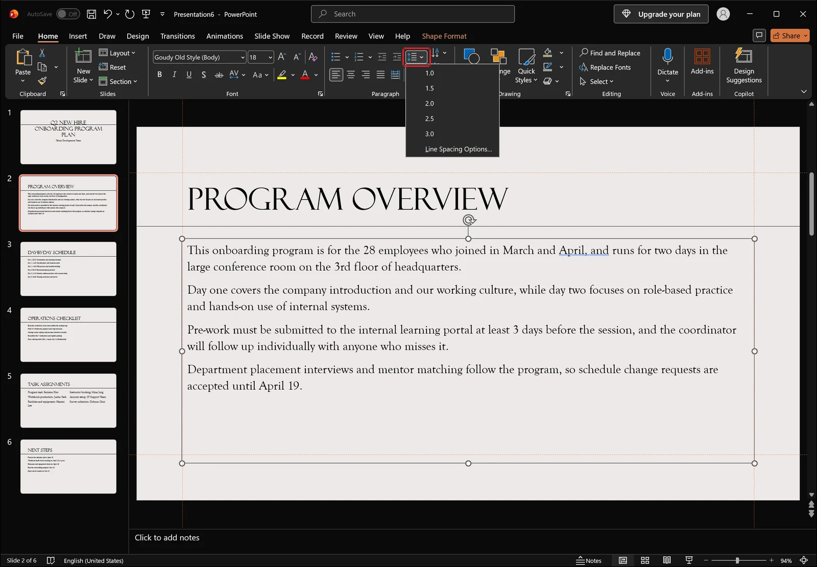 Open line spacing dropdown in PowerPoint showing 1.0, 1.5, 2.0 presets and the line spacing options command, red box on the button