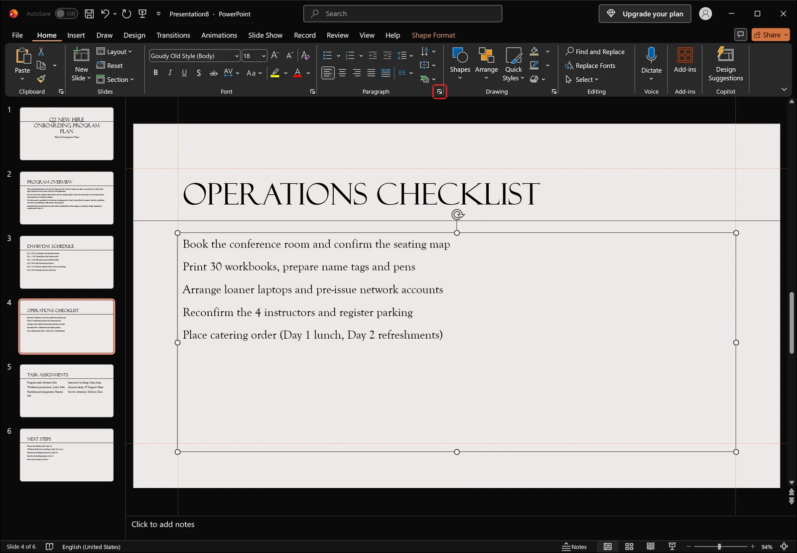 Red box on the Paragraph group dialog launcher arrow on the PowerPoint Home tab with a list placeholder selected