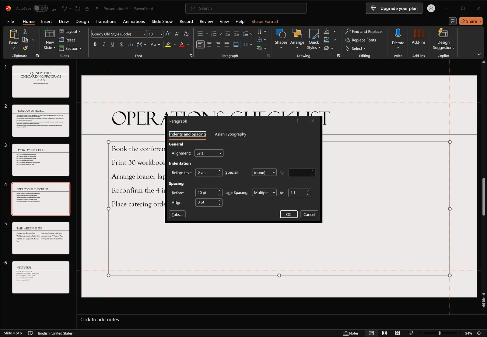 PowerPoint Paragraph dialog showing spacing Before/After boxes and the line spacing dropdown with its value box