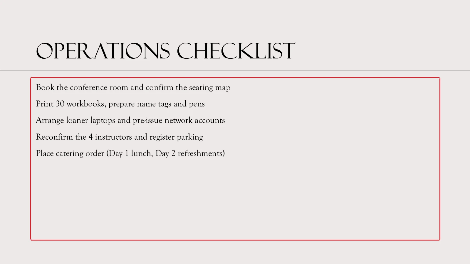 Rendered list slide where an even gap separates each bullet item from the next, red box on the body placeholder