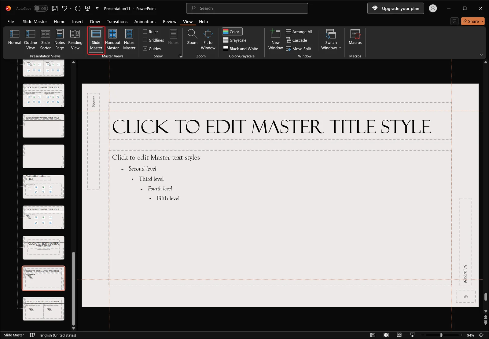 PowerPoint in Slide Master view with master and layout thumbnails on the left and a multi-level body placeholder in the editing area