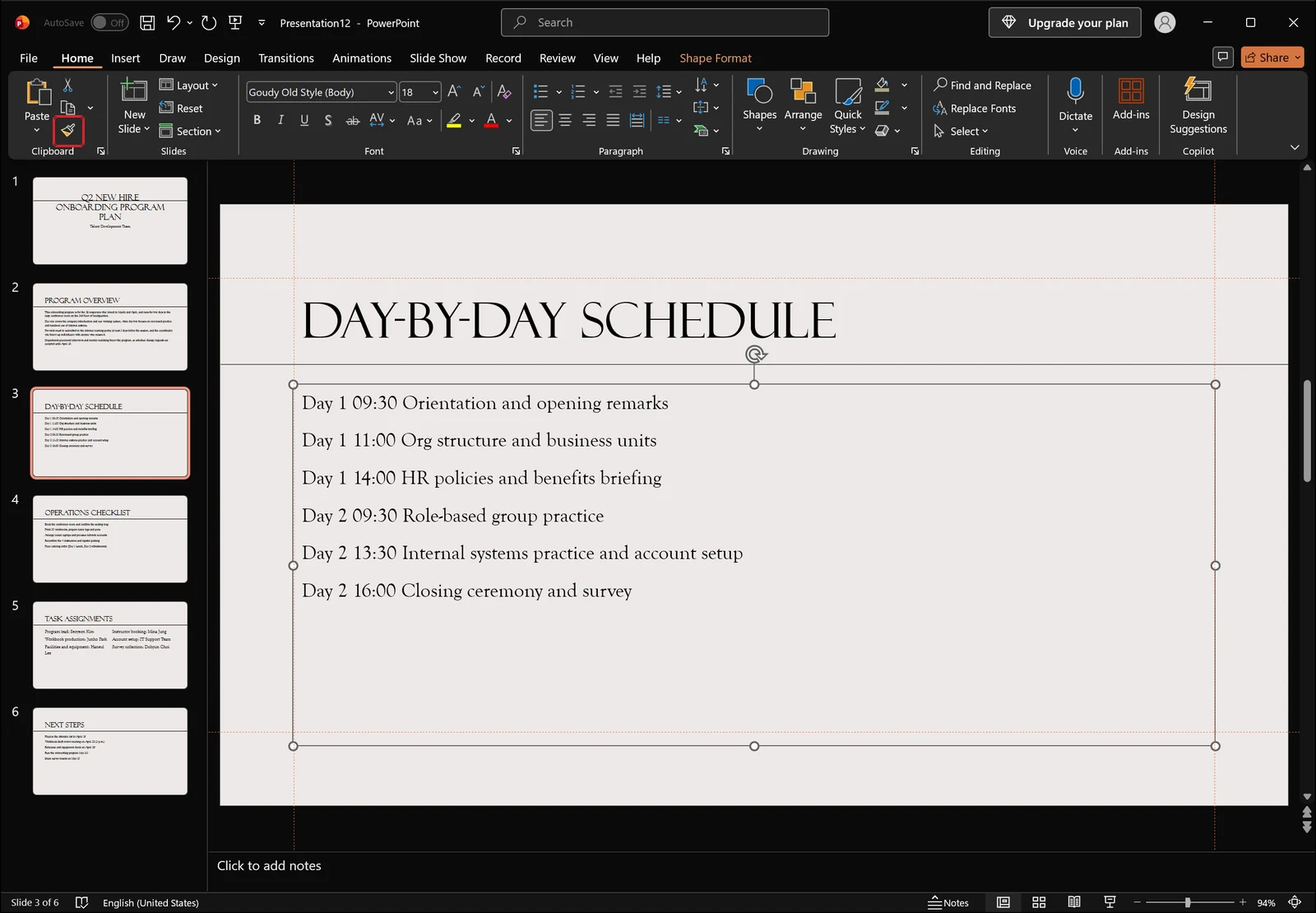Red box on the Format Painter button in the PowerPoint Home tab Clipboard group with the adjusted body placeholder selected