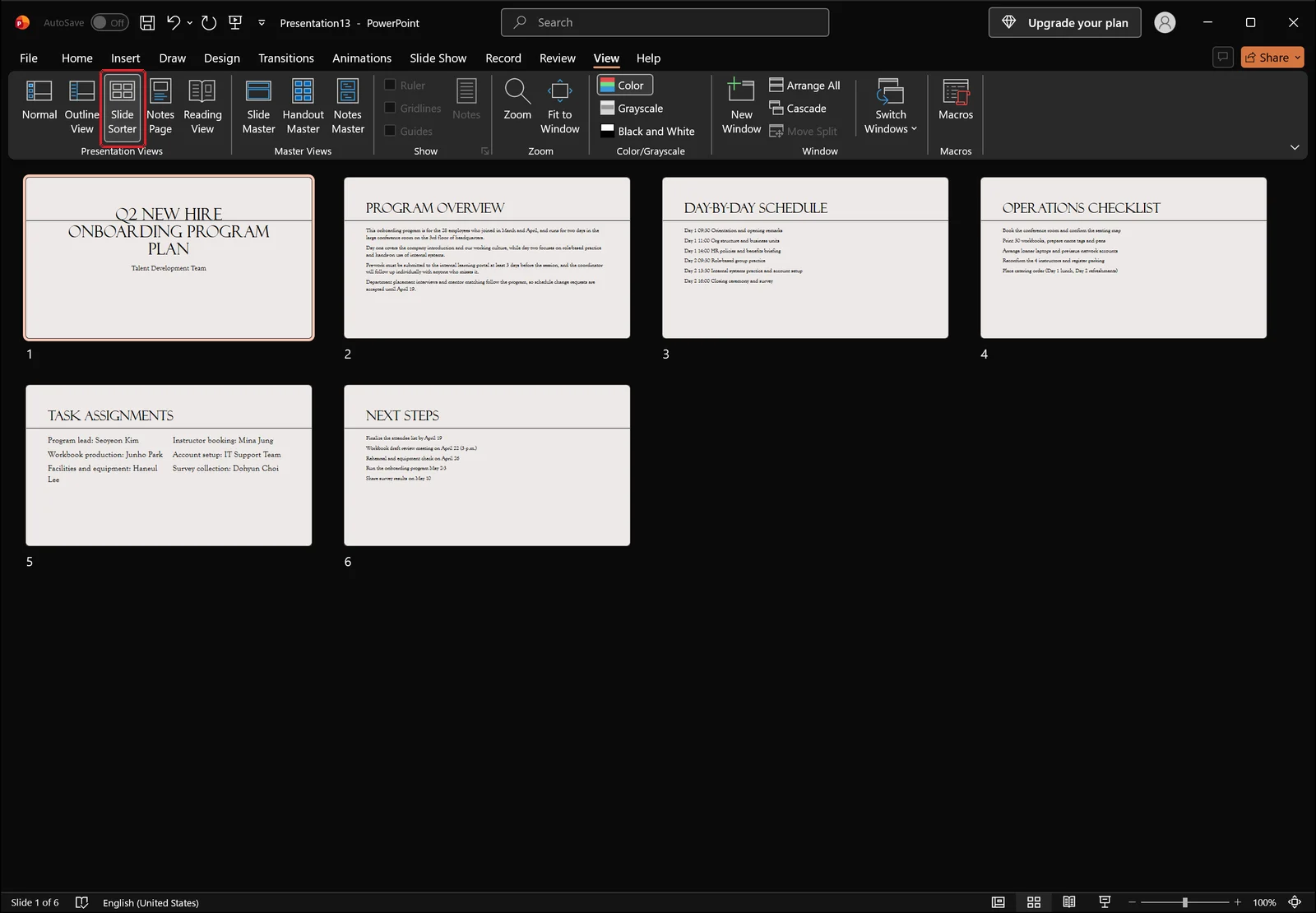 PowerPoint Slide Sorter view showing a grid of slide thumbnails for comparing line spacing, red box on the Slide Sorter button