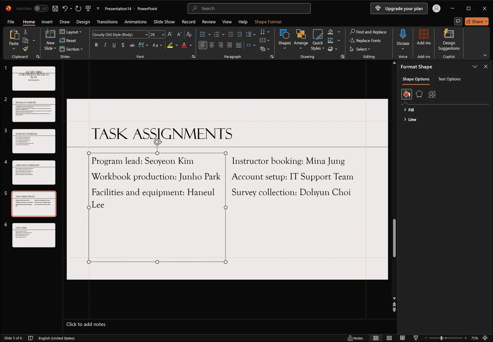 PowerPoint with the Format Shape task pane open on the right, the Shape Options tab active showing collapsed Fill and Line sections and a Text Options tab beside it