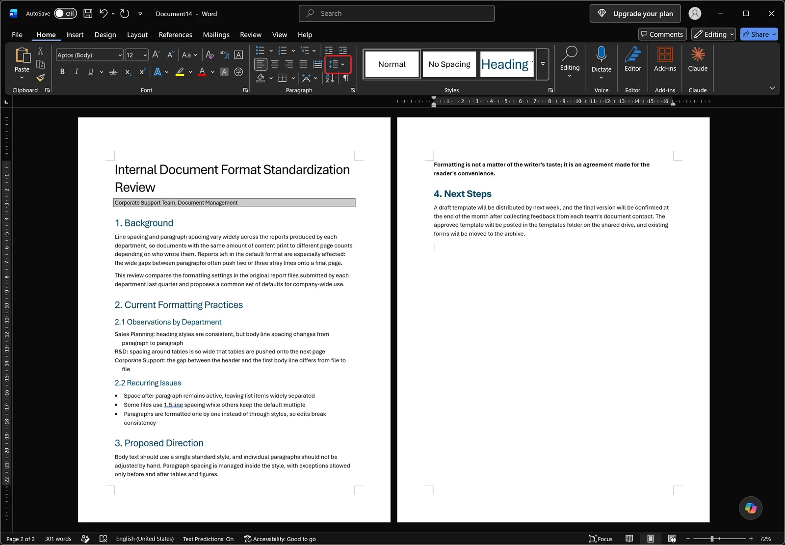 Word window with Home tab active showing a loosely spaced report body, red box highlighting the line spacing button in the Paragraph group