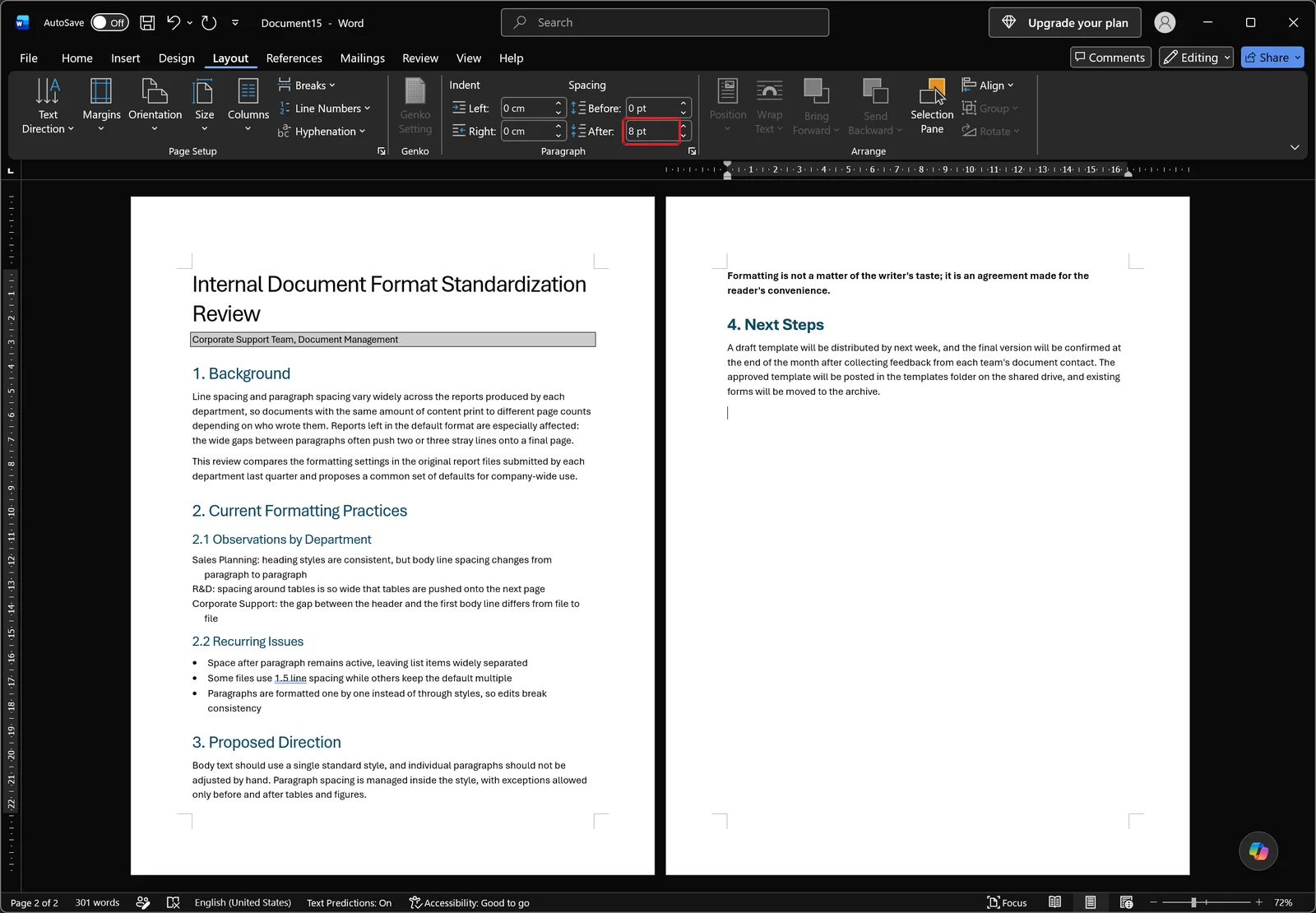 Word Layout tab showing Indent and Spacing Before/After spin boxes with a red box on the Spacing After field