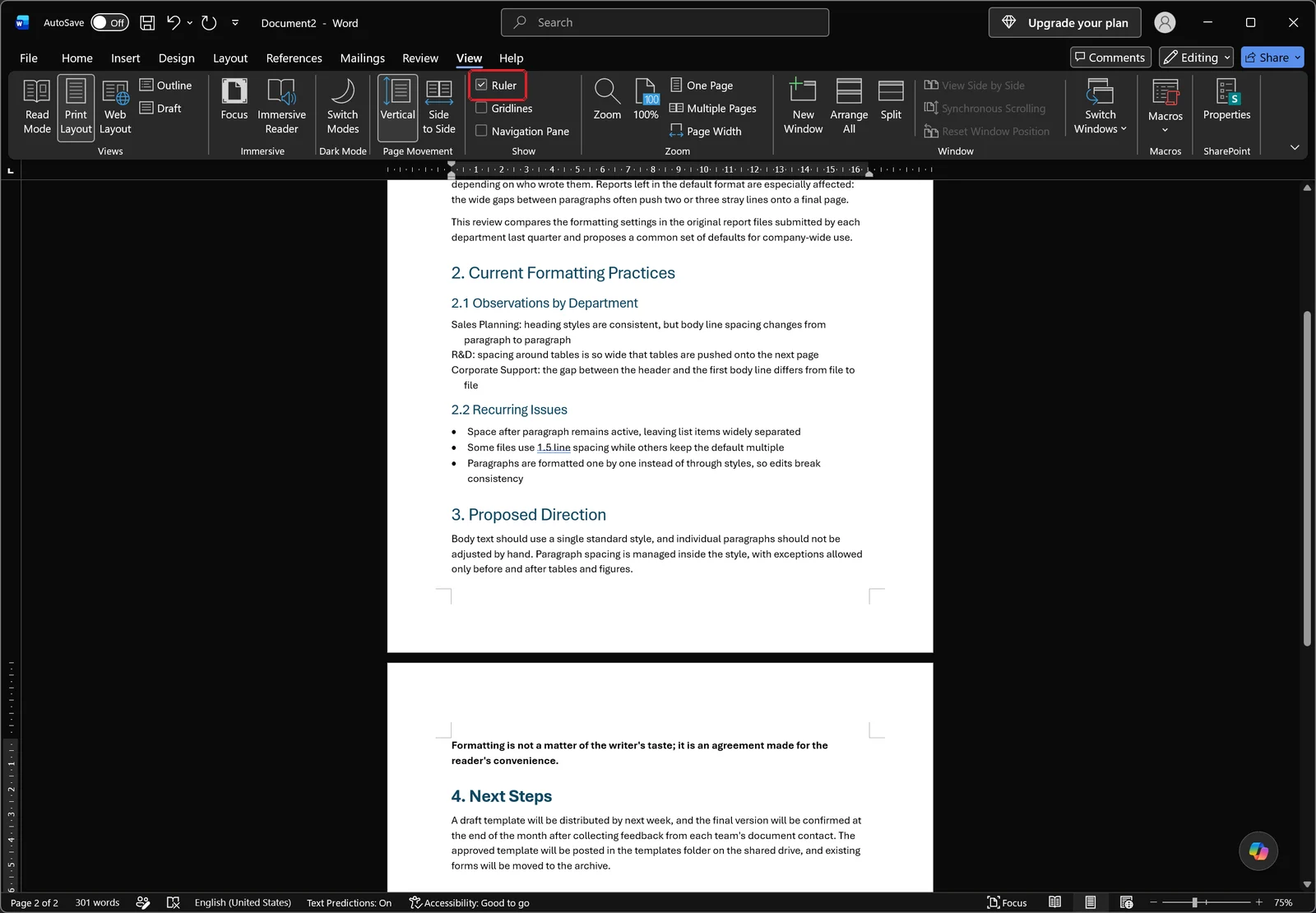 Word View tab with the Ruler checkbox turned on and the horizontal ruler visible above the page, red box on the Ruler checkbox