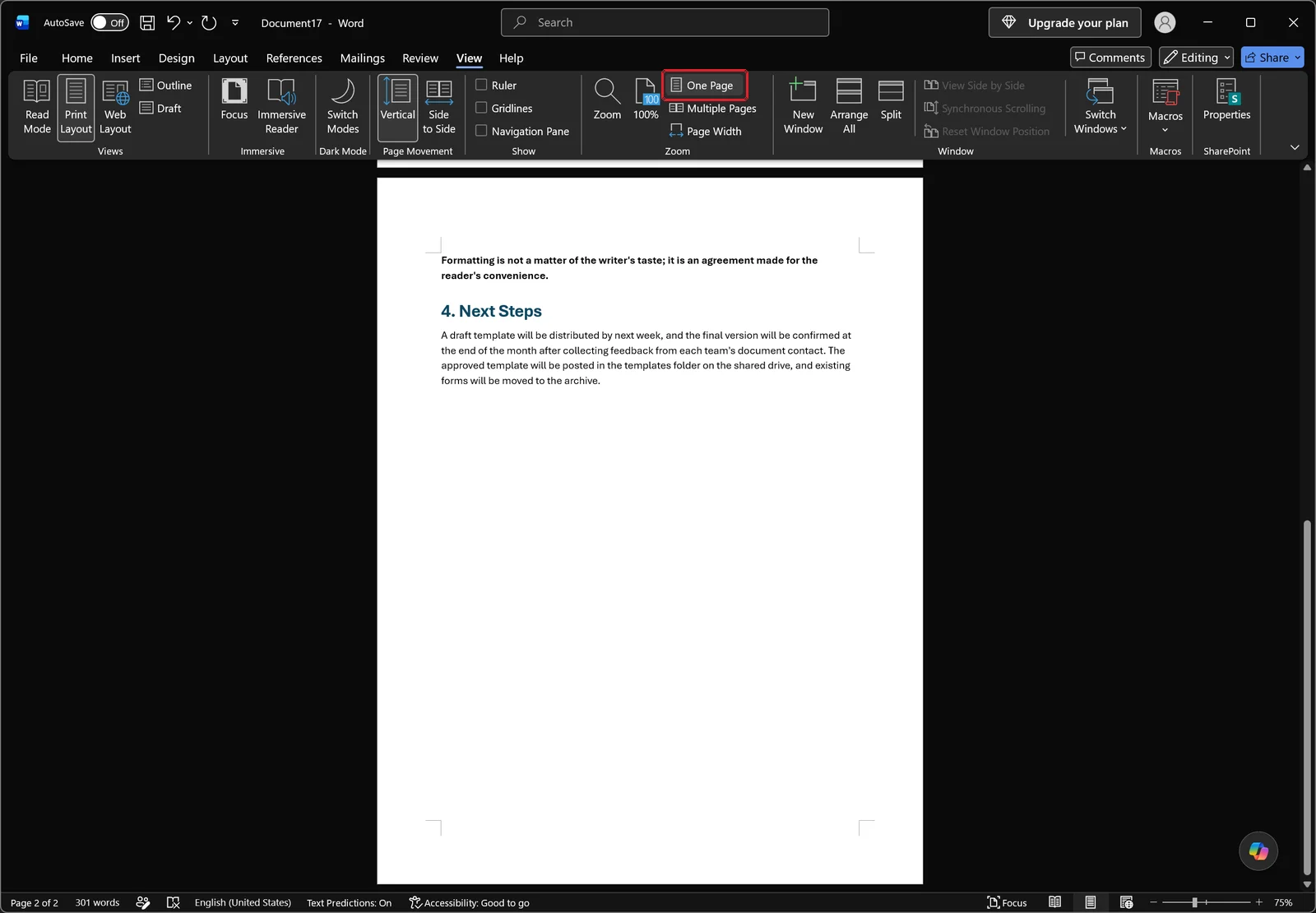Word View tab with One Page applied, the whole page fitted in the window showing loose spacing, red box on the One Page button