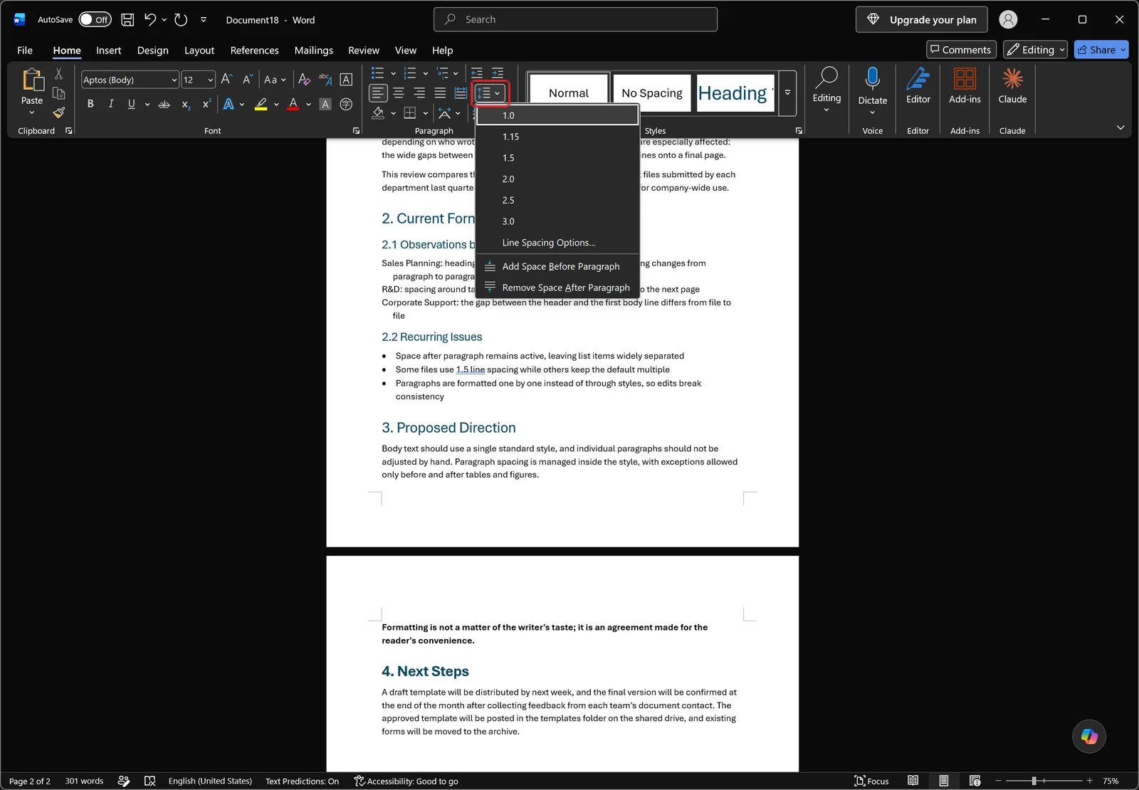 Word Home tab with the line spacing dropdown open showing 1.0 to 3.0 presets and the spacing options and remove space commands