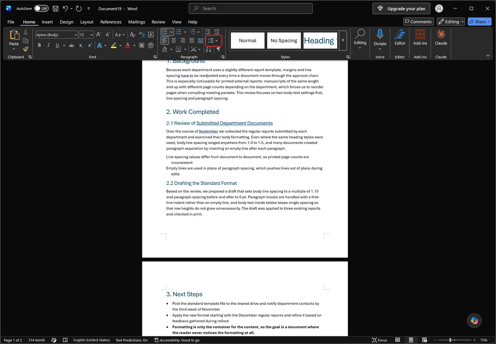 Word Home tab showing the report text with tightened line spacing and no paragraph gaps, red box on the line spacing button
