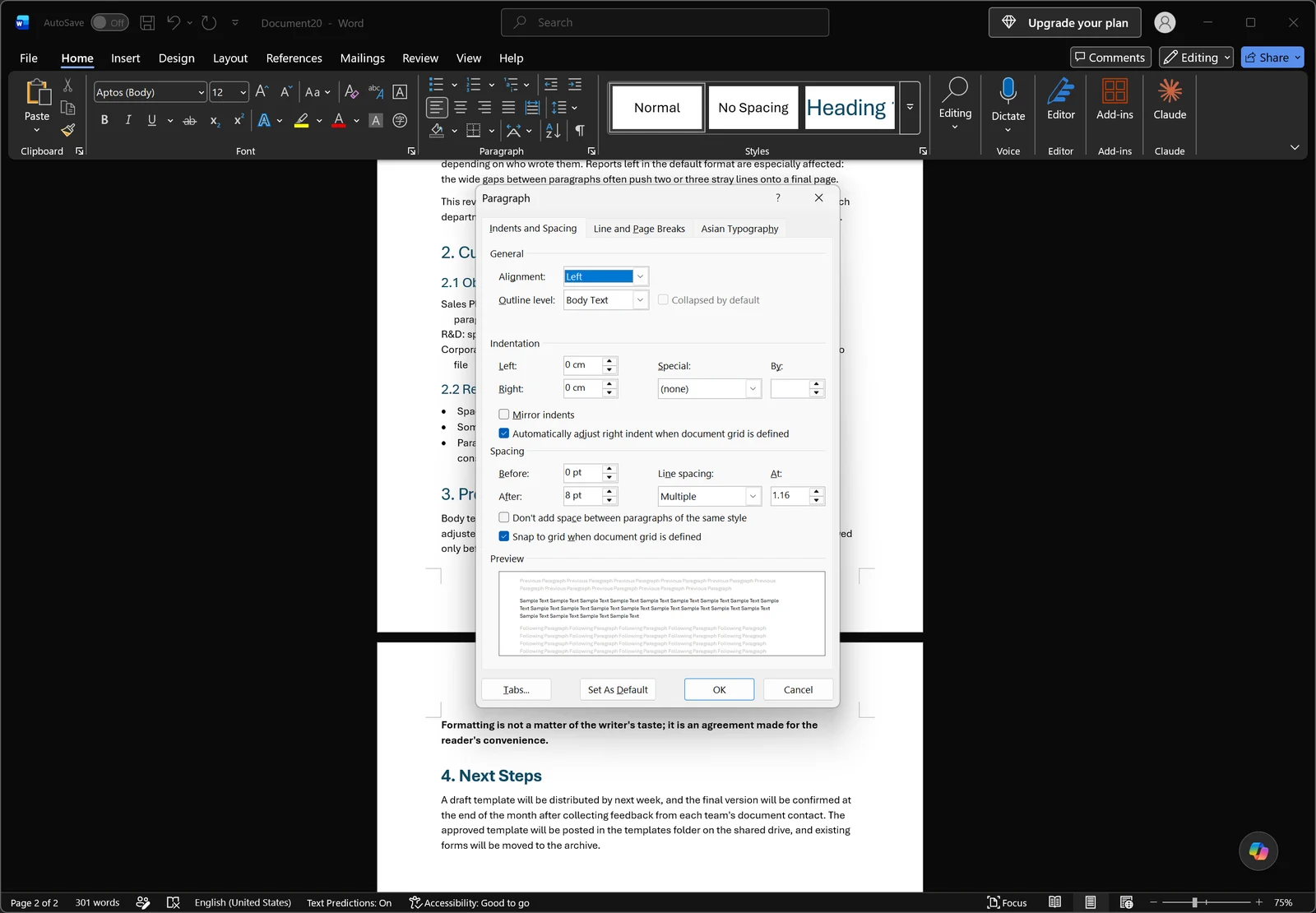 Word Paragraph dialog open on the Indents and Spacing tab showing Before/After spacing boxes, the Line spacing dropdown and At value box