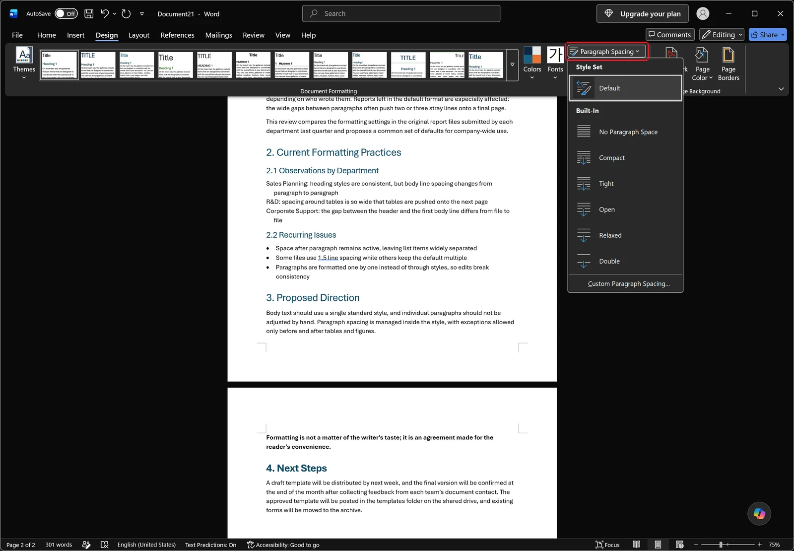 Word Design tab with the Paragraph Spacing dropdown open listing Default, No Paragraph Space, Compact, Tight, Open and Double presets