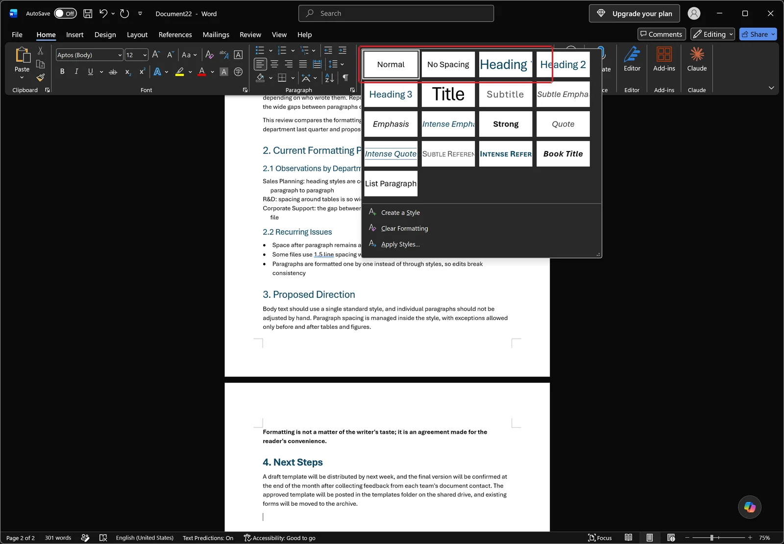 Word Home tab with the Styles gallery expanded showing Normal, No Spacing and Heading styles, red box around the gallery