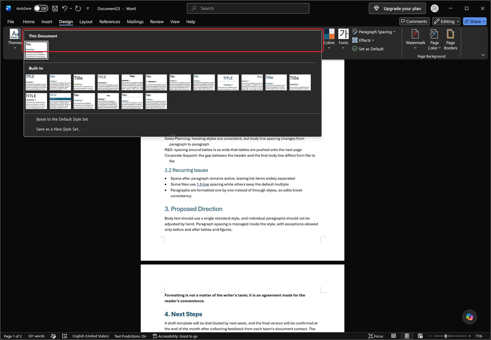 Word Design tab with the style set gallery expanded showing multiple title and heading preview thumbnails, red box on the gallery
