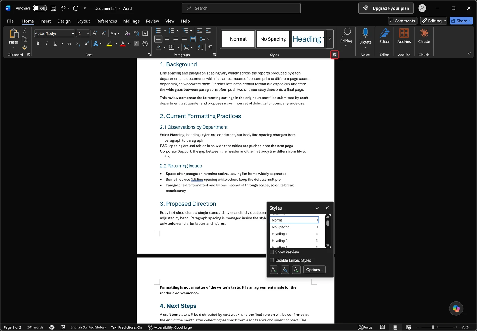 Word with the Styles task pane open on the right listing Normal, No Spacing and Heading styles, red box on the Styles dialog launcher